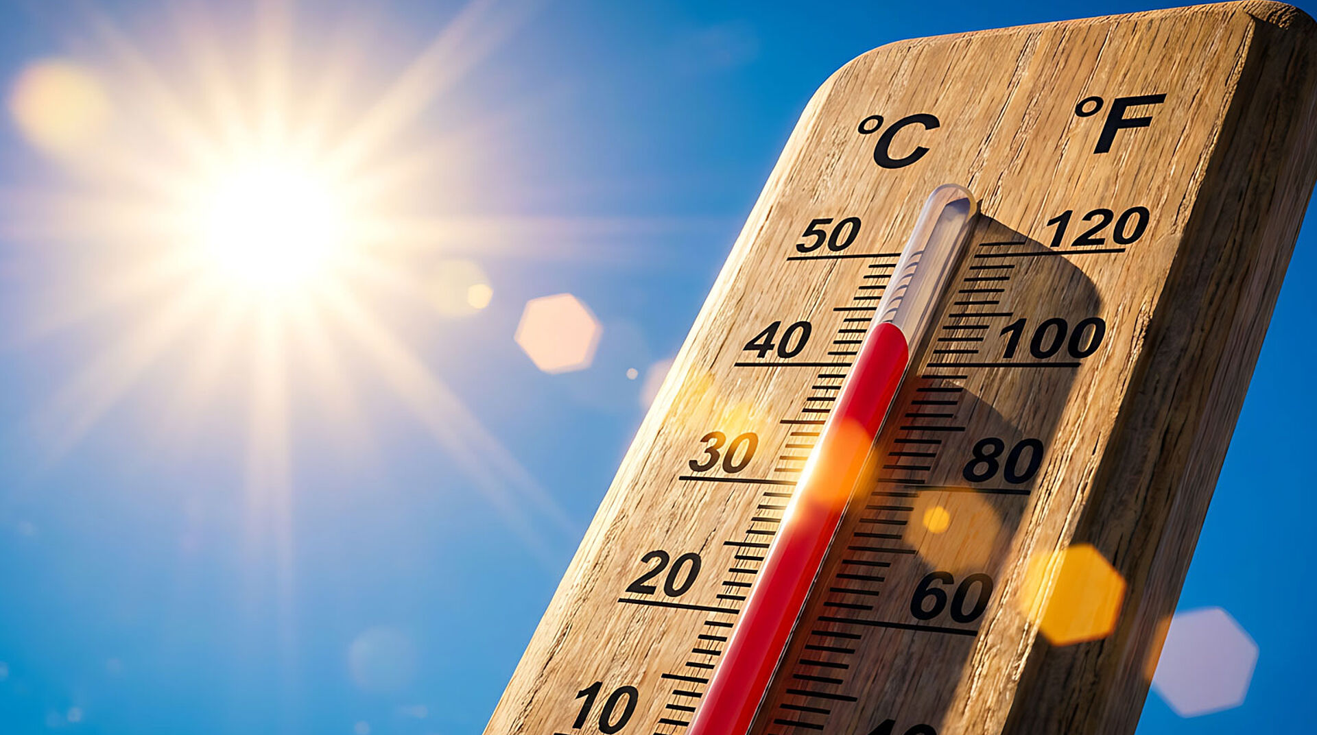 Symbolbild zeigt Holzthermometer vor blauem Himmel und strahlender Sonne; die Temperatur liegt bei etwa 40 Grad Celsius.