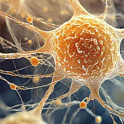 Ein Symbolbild zeigt Nervenzellen mit Ablagerungen von Eiweißstoffen.
