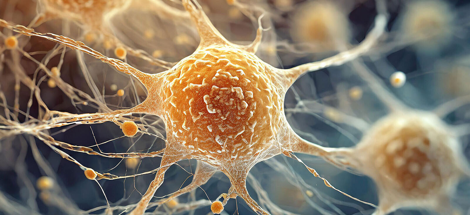 Ein Symbolbild zeigt Nervenzellen mit Ablagerungen von Eiweißstoffen.