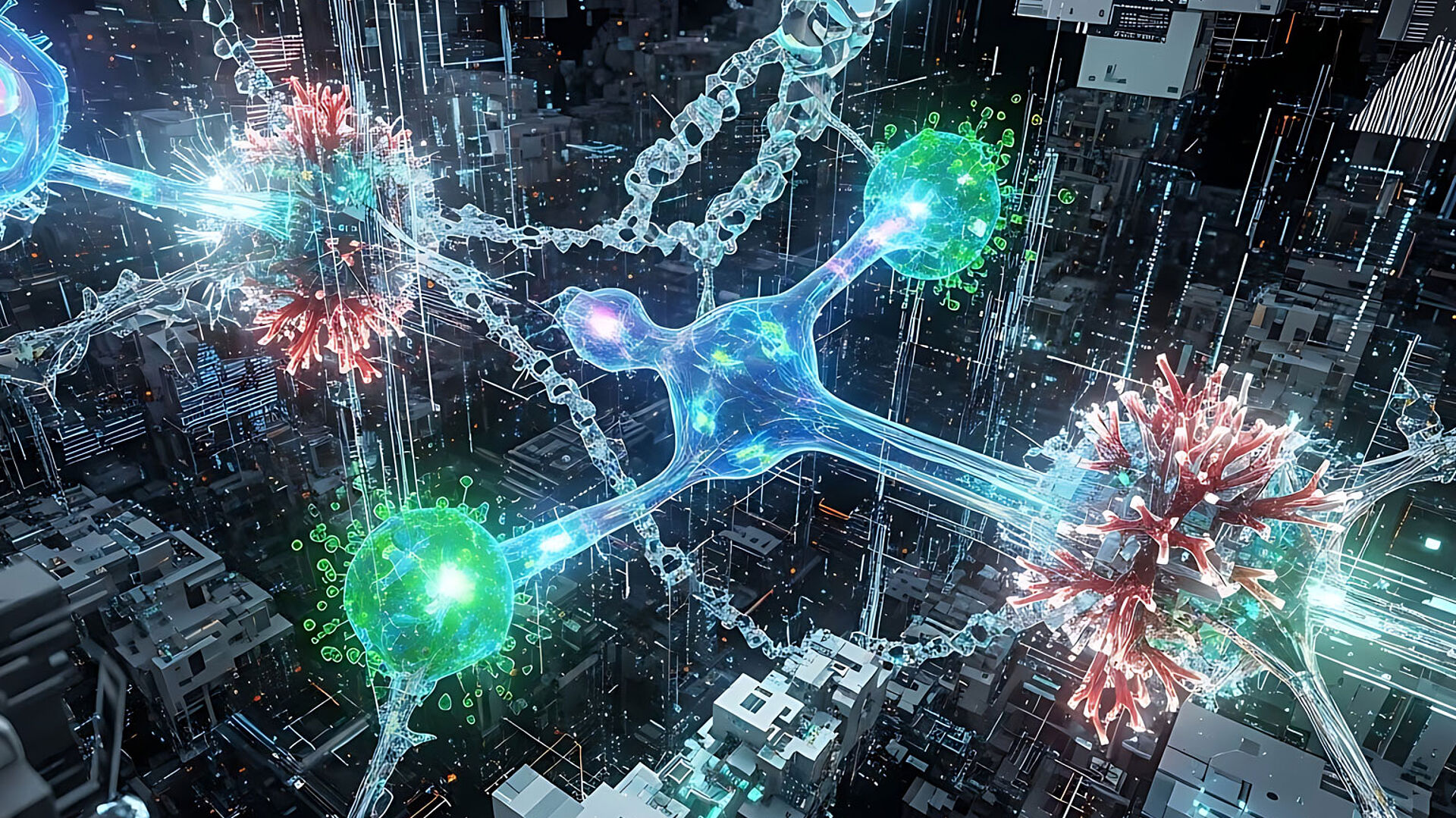 Die Illustration zeigt ein komplexes Netzwerk aus leuchtenden, neuronalen Strukturen mit verzweigten Verbindungen und synapsenähnlichen Kontaktpunkten. Transparente, blau-grüne Zellformen und helle Lichtimpulse verlaufen durch eine dunkle, futuristische Umgebung, die an eine digitale Stadt oder Dateninfrastruktur erinnert. Rote und grüne Akzente markieren einzelne Aktivitätsbereiche und erzeugen den Eindruck intensiver Zellkommunikation und Informationsverarbeitung.