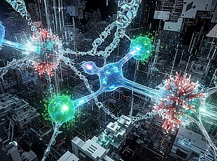 Die Illustration zeigt ein komplexes Netzwerk aus leuchtenden, neuronalen Strukturen mit verzweigten Verbindungen und synapsenähnlichen Kontaktpunkten. Transparente, blau-grüne Zellformen und helle Lichtimpulse verlaufen durch eine dunkle, futuristische Umgebung, die an eine digitale Stadt oder Dateninfrastruktur erinnert. Rote und grüne Akzente markieren einzelne Aktivitätsbereiche und erzeugen den Eindruck intensiver Zellkommunikation und Informationsverarbeitung.