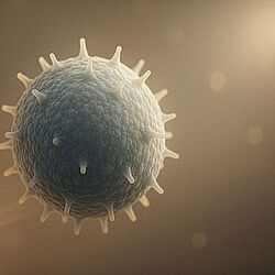Magnified view of a spherical immune cell with numerous projections on its surface.