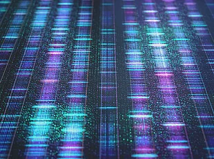 Die Grafik zeigt ein dichtes Raster aus vertikalen Spalten mit leuchtenden blauen, türkisen und violetten Markierungen. Die Muster erinnern an DNA-Sequenzierungsdaten, Genexpressionsprofile oder andere genomische Analysen. Die unterschiedlich intensiven Signale erzeugen den Eindruck großer biologischer Datensätze und moderner Bioinformatik- oder Genomforschung. Da keine Beschriftungen oder Skalen sichtbar sind, dient die Darstellung vor allem der Visualisierung komplexer genetischer Daten.