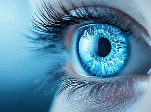Nahaufnahme eines menschlichen Auges mit einer intensiv leuchtenden blauen Iris, deren radiale Muster an elektrische oder blitzartige Strukturen erinnern (Symbolbild).