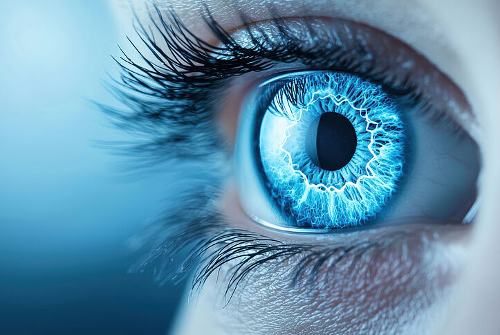Close-up of a human eye featuring a vivid blue iris with radial patterns that resemble electric or lightning-like lines (symbol image).
