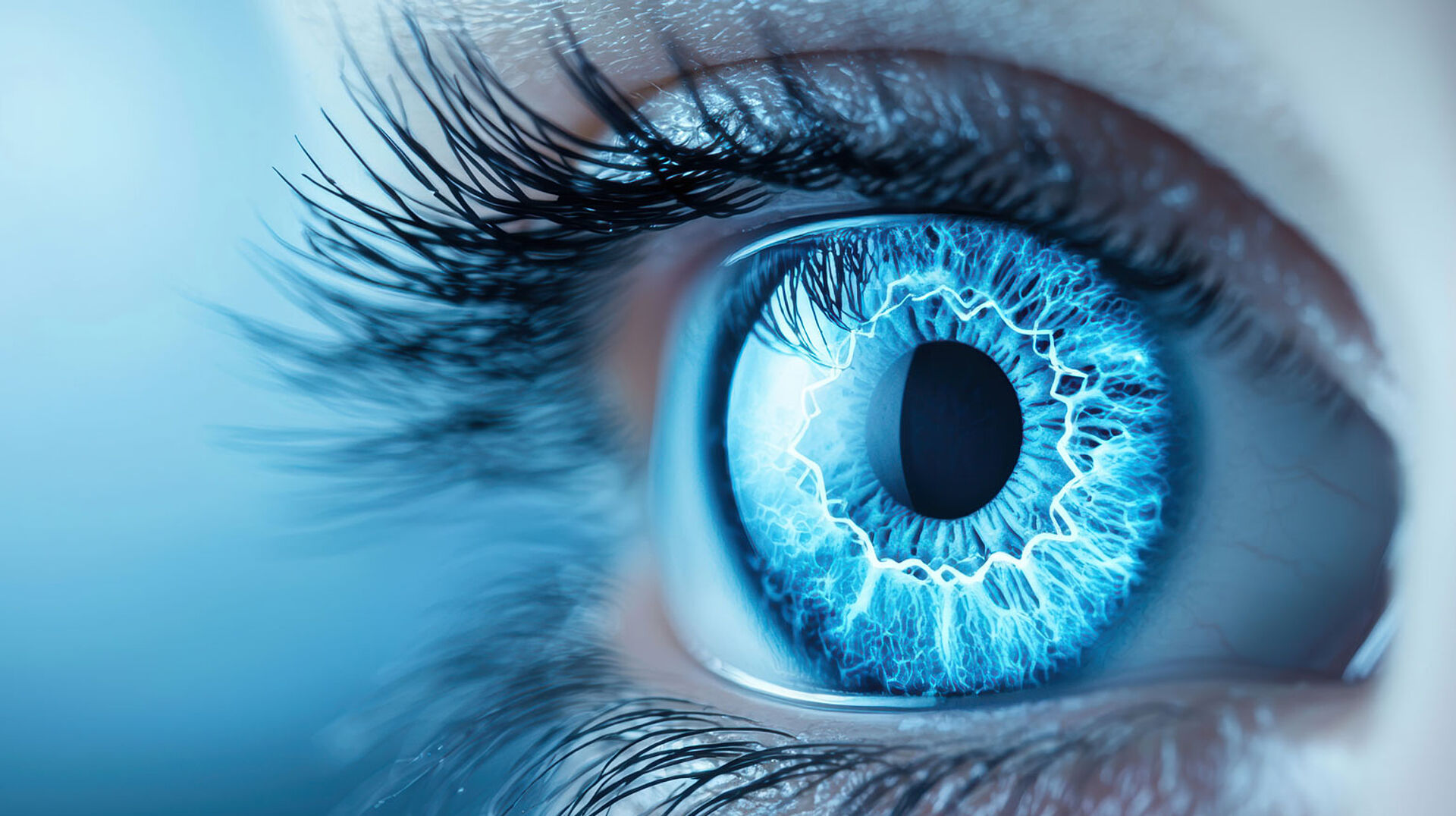 Nahaufnahme eines menschlichen Auges mit einer intensiv leuchtenden blauen Iris, deren radiale Muster an elektrische oder blitzartige Strukturen erinnern (Symbolbild).