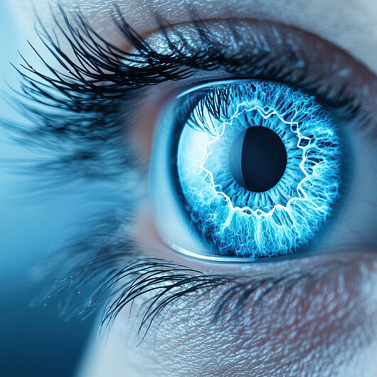 Nahaufnahme eines menschlichen Auges mit einer intensiv leuchtenden blauen Iris, deren radiale Muster an elektrische oder blitzartige Strukturen erinnern (Symbolbild).